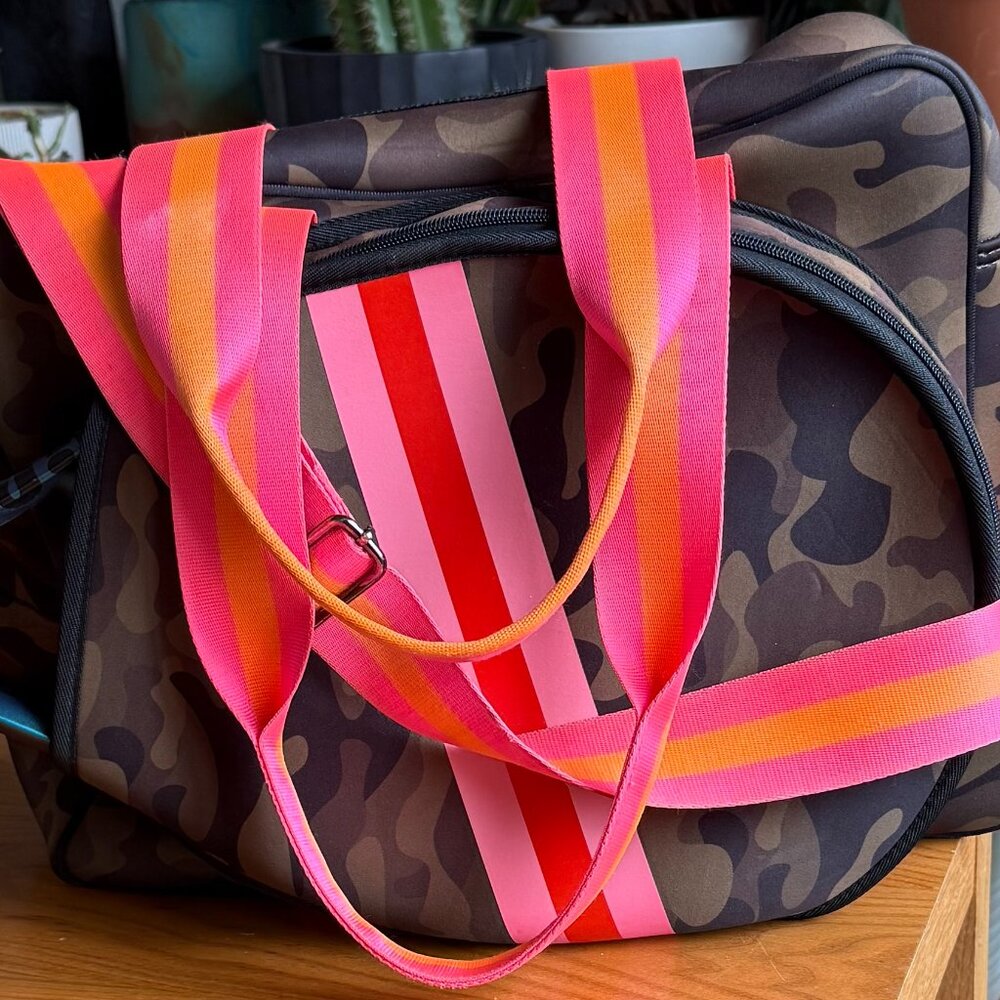 Haute Shore Billie Showoff Neoprene Camo Tennis Bag Pink Orange Stripe Tote